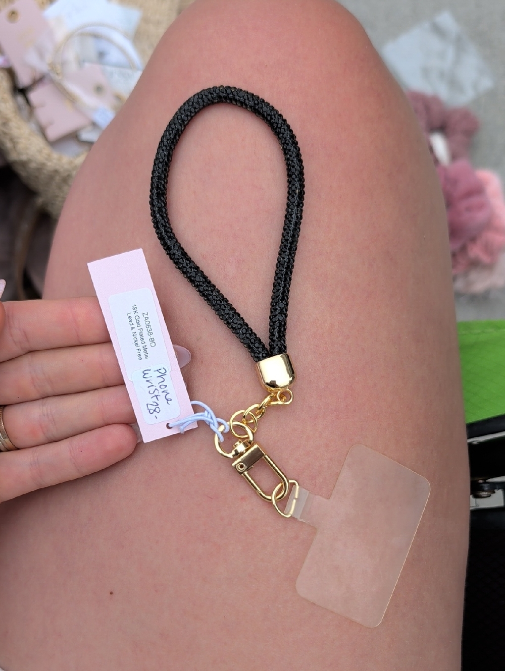 Black Braided Wrist Phone Lanyard with Gold Hardware